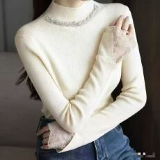 批发优雅风半高领镶钻蕾丝边长袖修身套头<b class='q'>毛衣</b> 显瘦气质通勤