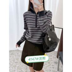 批发休闲风深灰色<b class='q'>立领</b>半拉链长袖条纹毛针织衫 显瘦通勤