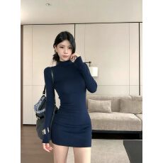 批发辣妹风半高领长袖修身包臀纯色<b class='q'>连衣裙</b> 显瘦气质通勤