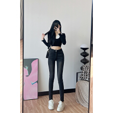 批发秋季黑灰色修身中腰<b class='q'>牛仔裤</b><b class='q'>女</b>显瘦显高毛边小脚裤紧身九分裤