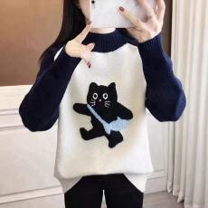 批发女大童毛衣秋冬加绒加厚洋气时髦初中高中生学院风针织拼色打底衫