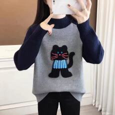 批发女大童毛衣秋冬加绒加厚洋气时髦初中生少女学院风针织拼色打底衫