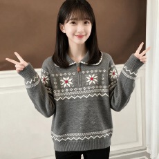 批发娃娃领<b class='q'>毛衣</b>女秋冬初中高中学生少女大童胖<b class='q'>女</b><b class='q'>童</b>学院风半拉链针织衫