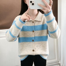 批发翻领条纹<b class='q'>开衫</b><b class='q'>毛衣</b>秋冬韩系少女甜美日系女大童初中生学院针织上衣