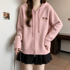 批发绣花针织开衫女秋冬洋气时髦厚实女大童初中生少女学院风上衣