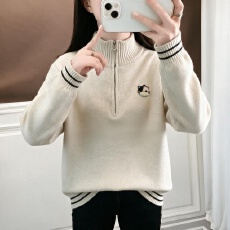 批发半高领毛衣秋冬初中生宽松少女大童学院风保暖加厚半拉链针织衫