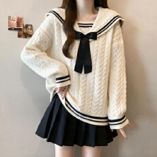 批发海军领毛衣秋冬加厚洋气外穿初中高中学生少女大童学院风针织上衣