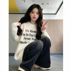 批发字母水貂绒毛衣外穿洋气外穿初中生慵懒风女孩大童中长款针织衫