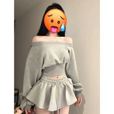 批发设计感新款秋冬套装一字肩上衣抽绳<b class='q'>高腰</b>显瘦小个子防走光蓬蓬裤裙