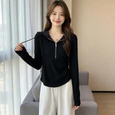 批发春秋连帽半拉链长袖 T 恤女坑条短款修身<b class='q'>显瘦</b>休闲百搭打底上衣