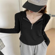 批发半拉链连帽打底衫正肩不规则长袖t恤女春秋季<b class='q'>显瘦</b>休闲连帽卫衣