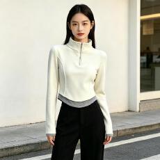 批发1*1德绒半拉链立领短款衣秋季拼接<b class='q'>显瘦</b>修身百搭打底衫高级感