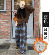 批发韩系学院风撞色加绒加厚冬<b class='q'>新款</b>宽松休闲百搭高腰显瘦慵懒阔腿裤