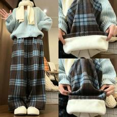 批发秋冬加绒格子裤女高腰垂感阔腿裤毛呢加厚宽松直筒显瘦休闲长<b class='q'>裤子</b>