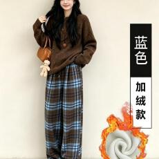 批发加绒加厚格纹阔腿裤女秋冬高腰显瘦宽松直筒休闲毛毛呢保暖长<b class='q'>裤子</b>