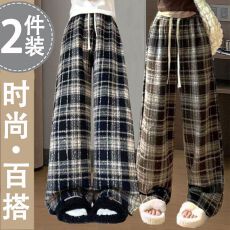 批发爆款抽绳松紧腰休闲裤<b class='q'>女</b><b class='q'>大</b>童时尚洋气直筒裤爆款红色松弛感格纹裤