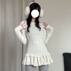 设计感波点木耳花边满印长袖T恤女秋冬季保暖修身打底显瘦上衣ins