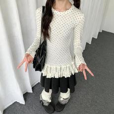 批发甜妹风波点荷叶边 T 恤 弹力修身<b class='q'>显瘦</b> 早秋小众设计感内搭长袖女