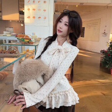 批发秋冬新款蝴蝶结法式波点绑带打底辣妹长袖修身<b class='q'>显瘦</b>百搭上衣