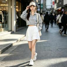 批发有口袋韩系运动风黑色阔腿裤女高腰松紧抽绳五分裤显瘦百搭休闲裤