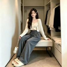 批发简约韩版拖地休闲裤女抽绳松紧高腰垂坠感宽松显瘦慵懒风阔腿裤子