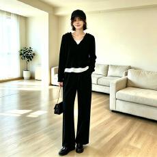 批发大码女装假两件连帽两件套女简约洋气遮肉显瘦长袖阔腿裤休闲套装