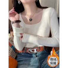 批发德绒磨毛方领长袖t恤女装时尚百搭加厚款浅绿色打底衫上衣秋冬季