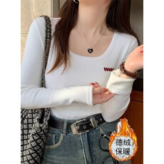 批发德绒磨毛方领长袖t恤女装时尚百搭加厚款浅绿色打底衫上衣秋冬季