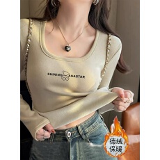 批发德绒磨毛方领长袖t恤女装时尚百搭加厚款浅绿色打底衫上衣秋冬季