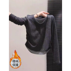 批发【广州面料】绵羊绒270克设计感<b class='q'>假两件</b>磨毛V领长袖t恤女时尚百搭