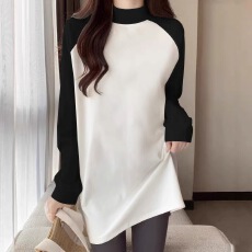 批发260克羊绒半高领撞色磨毛长袖t恤女<b class='q'>中长款</b>休闲加厚打底衫上衣冬季