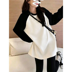 批发【广州面料】260克羊绒拼色磨毛加厚款长袖t恤女<b class='q'>中长款</b>宽松休闲秋