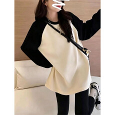 批发【广州面料】260克羊绒拼色磨毛加厚款长袖t恤女<b class='q'>中长款</b>宽松休闲秋