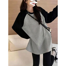 批发【广州面料】260克羊绒拼色磨毛加厚款长袖t恤女<b class='q'>中长款</b>宽松休闲秋