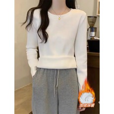 批发广州面料360克加厚<b class='q'>加绒</b>纯棉圆领长袖t恤女时尚百搭上衣保暖<b class='q'>打底衫</b>