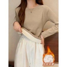 批发广州面料360克加厚<b class='q'>加绒</b>纯棉圆领长袖t恤女时尚百搭上衣保暖<b class='q'>打底衫</b>