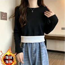 批发广州面料360克加厚<b class='q'>加绒</b>纯棉圆领长袖t恤女时尚百搭上衣保暖<b class='q'>打底衫</b>