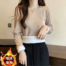 批发广州面料360克加厚<b class='q'>加绒</b>纯棉圆领长袖t恤女时尚百搭上衣保暖<b class='q'>打底衫</b>