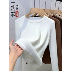 批发广州面料360克加厚<b class='q'>加绒</b>纯棉圆领长袖t恤女时尚百搭上衣保暖<b class='q'>打底衫</b>