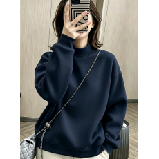 批发秋冬季半高领加绒加厚卫衣女新款时尚欧货宽松休闲套头纯棉上衣潮