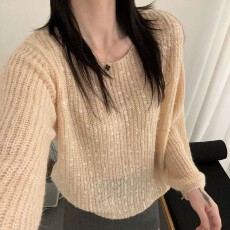 批发亮片一字领套头针织衫女宽松慵懒风长袖<b class='q'>打底</b>毛衣秋装新款韩版<b class='q'>上衣</b>
