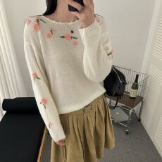 批发一字领刺绣套头毛衣女秋冬新款韩版宽松慵懒风针织<b class='q'>打底</b>衫长袖<b class='q'>上衣</b>