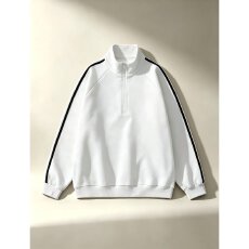 批发【跨境】日系复古立领半拉链长袖卫衣男宽松落肩拼色条纹上衣