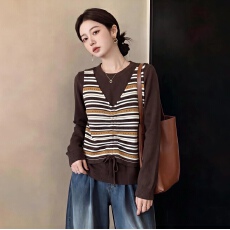 批发通勤百搭精致年轻妈妈微<b class='q'>胖</b>大码减龄复古条纹假两件抽绳长袖针织衣