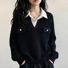 批发实拍<b class='q'>胖妹妹</b><b class='q'>大码</b>女装老钱风polo领针织假两件毛衣撞色秋冬新款上衣