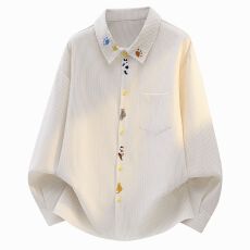 批发<b class='q'>衬衫</b>男秋翻领潮牌刺绣猫咪卡通宽松<b class='q'>衬衫</b>多巴胺男女同款宽松条纹衫