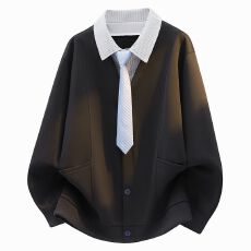 批发美式长袖卫衣<b class='q'>男</b>装拼接衬衫领休闲<b class='q'>男</b>款设计感假两件外套撞色<b class='q'>男</b>女生