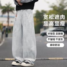 批发秋冬新品纯棉复古格纹弯刀休闲裤子<b class='q'>时尚</b>潮流老钱风阔腿宽松潮牌裤