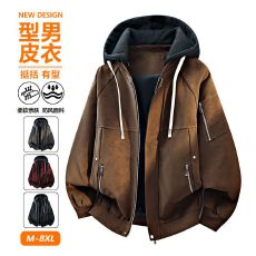 批发M-8XL大码PU皮衣麂皮胖子连帽夹克男外套宽松潮牌轻奢商务老钱风