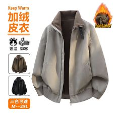 批发老钱风冬季加绒加厚毛领皮衣男PU皮夹克男<b class='q'>潮</b>牌翻领保暖外套棉衣男